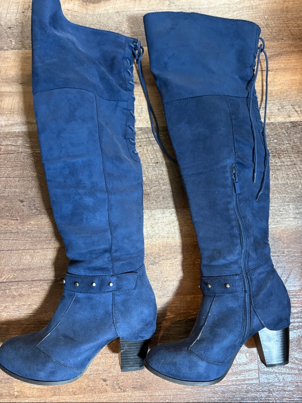 Over-the-Knee Suede Block Heel Boots - Navy